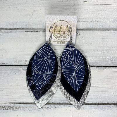 GINGER - Leather Earrings  ||  NAVY & METALLIC SILVER CHINESE FAN, <BR> METALLIC NAVY SMOOTH,<BR> METALLIC SILVER SAFFIANO