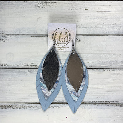INDIA - Leather Earrings   ||  <BR> METALLIC SILVER SMOOTH,  <BR> BLUE SURF PAINT STROKES,  <BR> MATTE BABY BLUE