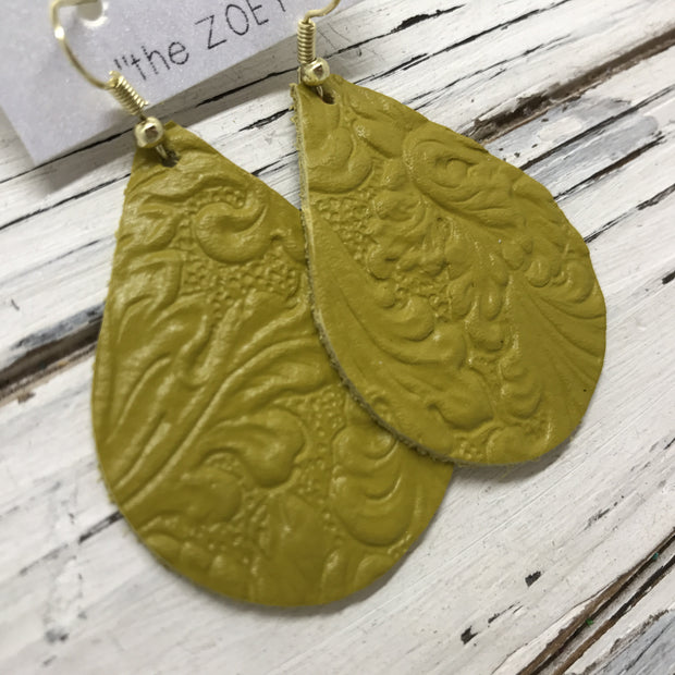 ZOEY (3 sizes available!) -  Leather Earrings  || DARK YELLOW WITH EMBOSSED FLORAL