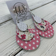 LINDSEY - Leather Earrings  ||   <BR>  MATTE WHITE COBRA, <BR> MINI PINK FLORAL ON WHITE,  <BR> PINK & WHITE POLKADOTS