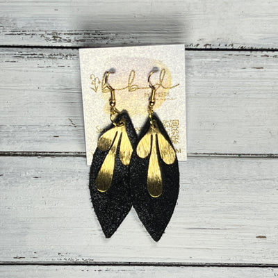 SUEDE + STEEL *Limited Edition* COLLECTION ||  Leather Earrings || GOLD BRASS LEAVES, <BR> SHIMMER BLACK