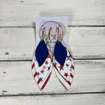 DOROTHY -  Leather Earrings  ||   <BR>COBALT BLUE PALMS, <BR> HAND DRAWN PATRIOTIC STARS, <BR> RED & WHITE STRIPE