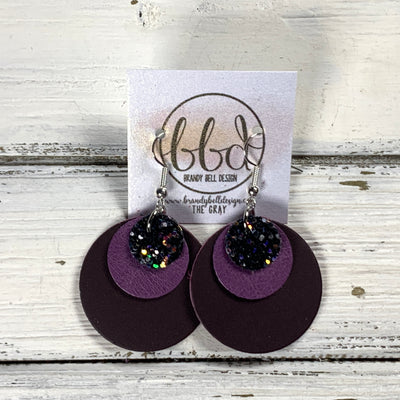 GRAY -  Leather Earrings  ||   <BR> CITY LIGHTS GLITTER (FAUX LEATHER), <BR> MAGENTA RIVIERA, <BR> MATTE DARK PLUM