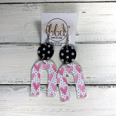 HOPE - Leather Earrings  ||    <BR> BLACK & WHITE POLKADOTS, PINK HEARTS ON POLKADOTS (FAUX LEATHER)
