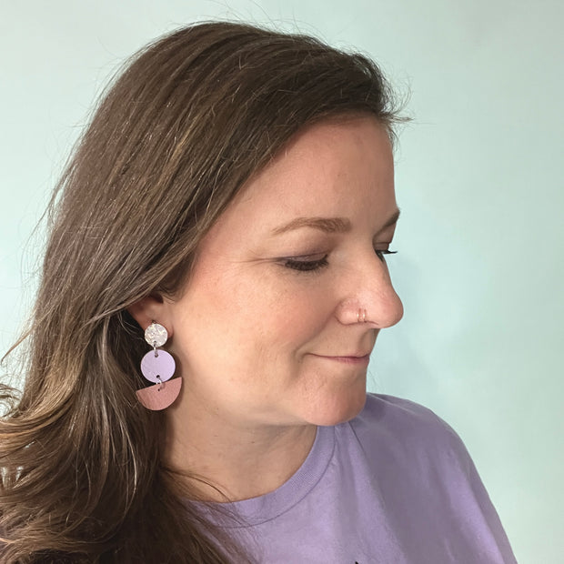 NAOMI -  Leather Earrings ON POST  ||  IRIDESCENT CHUNKY GLITTER (ON CORK), <BR>  MATTE LILAC SMOOTH, <BR> MATTE PINK