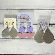NAOMI -  Leather Earrings ON POST  ||  IRIDESCENT CHUNKY GLITTER (ON CORK), <BR>  MATTE LILAC SMOOTH, <BR> MATTE PINK