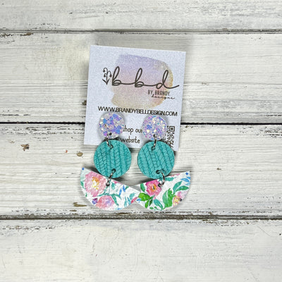 NAOMI -  Leather Earrings ON POST  ||  IRIDESCENT CHUNKY GLITTER (ON CORK), <BR>  AQUA PALMS, <BR> TINY PINK & TURQUOISE FLORAL