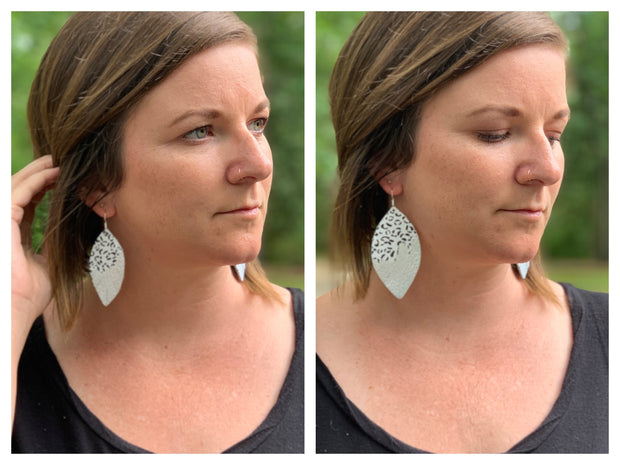 MAISY - Leather Earrings || <BR> WHITE WITH BLACK SNOWFLAKES