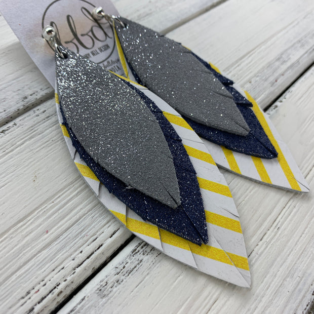 INDIA - Leather Earrings   ||  <BR>  SHIMMER GRAY,  <BR> SHIMMER SPRING NAVY,  <BR> YELLOW AND WHITE STRIPE