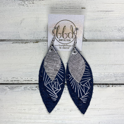 DOROTHY - Leather Earrings  ||  <BR> METALLIC SILVER SAFFIANO, <BR> NAVY & SILVER CHINESE FANS, <BR> NAVY BRAIDED