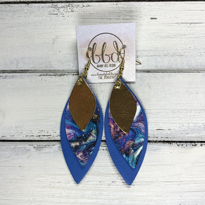 DOROTHY - Leather Earrings  ||  <BR> METALLIC GOLD SMOOTH, <BR> AQUA & PURPLE MARBLE ART, <BR> MATTE PERIWINKLE