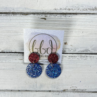 LUNA -  Leather Earrings ON POST  ||  RED GLITTER (ON CORK), <BR>  SPARKLE BLUE