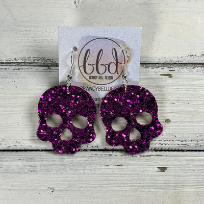 SKULL -  Leather Earrings  ||   <BR> FUCHSIA  CHUNKY GLITTER (LEATHER ON THICK CORK)