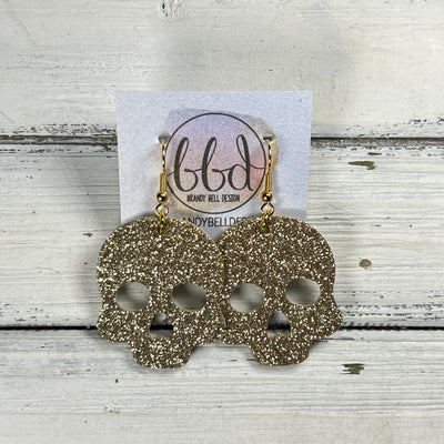 SKULL -  Leather Earrings  ||   <BR> GOLD FINE GLITTER (LEATHER ON THICK CORK)