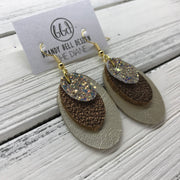 DIANE - Leather Earrings  ||    <BR> GLAMOUR GLITTER (NOT REAL LEATHER) , <BR> PEARLIZED BROWN PEBBLED ,BR> METALLIC CHAMPAGNE SMOOTH