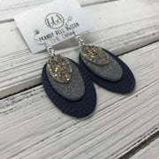 DIANE - Leather Earrings  ||    <BR> GLAMOUR GLITTER (NOT REAL LEATHER), <BR> SHIMMER GRAY, BR> MATTE NAVY BLUE