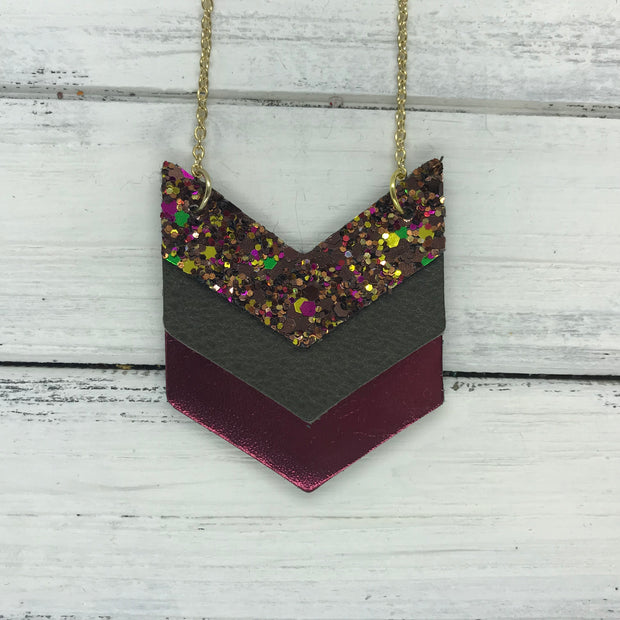 EMERSON - Leather Necklace  ||  <BR> AUTUMN HARVEST GLITTER (NOT REAL LEATHER), <BR> OLIVE GREEN, <BR>METALLIC BURGUNDY SMOOTH