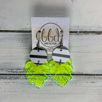 LIMITED EDITION PALM COLLECTION -  Leather Earrings  ||  <BR>  BLACK & WHITE STRIPE, <BR> NEON YELLOW PALM LEAF