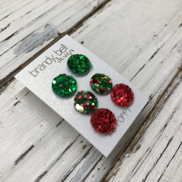 Poppy- 3 PACK (Choose your colors) - Glitter Stud Earrings SHOWN: CC: CHUNKY GREEN, AA: CHRISTMAS, BB: CHUNKY RED