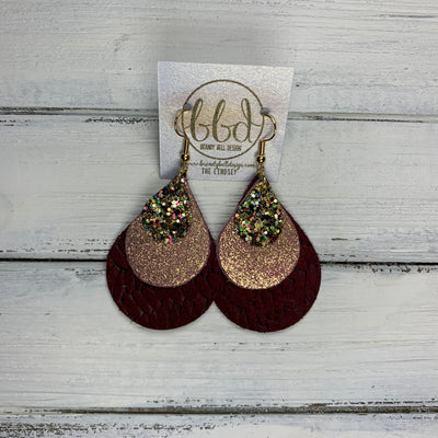 LINDSEY - Leather Earrings  || CHUNK GOLD JEWELS GLITTER (FAUX LEATHER), SHIMMER VINTAGE PINK, MERLOT BRAIDED