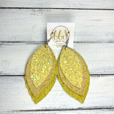 GINGER - Leather Earrings  ||  <BR> DAFFODIL GLITTER (FAUX LEATHER), <BR> YELLOW ART NOUVEAU (FAUX LEATHER), <BR> YELLOW BRIADED