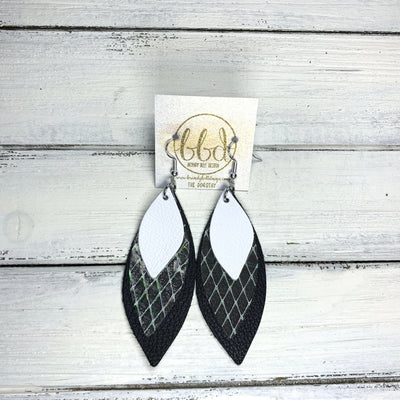 DOROTHY - Leather Earrings  ||  <BR> MATTE WHITE,  <BR> CLEAR WHITE NET (FAUX LEATHER) <BR> MATTE BLACK