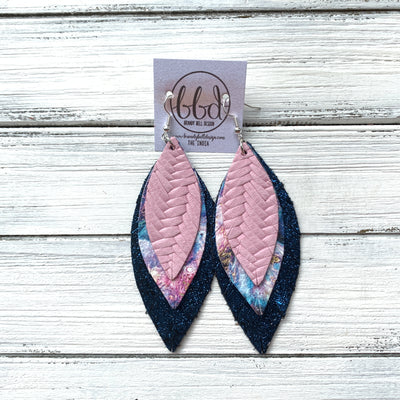 INDIA - Leather Earrings   ||  <BR>  PINK BRAID,  <BR> PURPLE & BLUE MARBLE ART, <BR> SHIMMER BLUE
