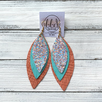 INDIA - Leather Earrings   ||  <BR>  PEACHES N CREAM GLITTER (FAUX LEATHER),  <BR> ROBINS EGG BLUE, <BR> SALMON PANAMA WEAVE