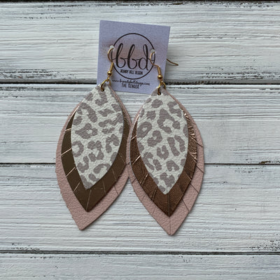 GINGER - Leather Earrings  ||  <BR>NUDE LEOPARD,  <BR> METALLIC ROSE GOLD SMOOTH, <BR> MATTE BLUSH PINK