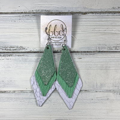 COLLEEN -  Leather Earrings  ||   <BR> SHIMMER MINT GREEN, <BR> MINT PALMS, <BR> WHITE BASKET WEAVE