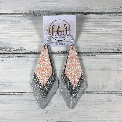 COLLEEN -  Leather Earrings  ||   <BR> BALLET SLIPPER GLITTER (FAUX LEATHER), <BR> IRIDESCENT SILVER CRACKLE, <BR> SHIMMER SILVER