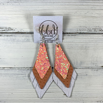 COLLEEN -  Leather Earrings  ||   <BR> PEACH GLITTER (FAUX LEATHER), <BR> SALMON PANAMA WEAVE, <BR> MATTE WHITE COBRA