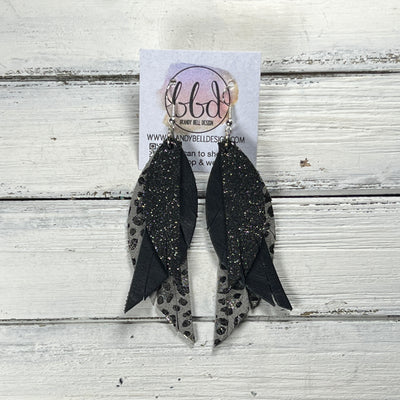 ANDY -  Leather Earrings  ||   <BR> SHIMMER PEWTER, <BR> DISTRESSED BLACK, <BR> GRAY & SILVER LEOPARD ANIMAL PRINT