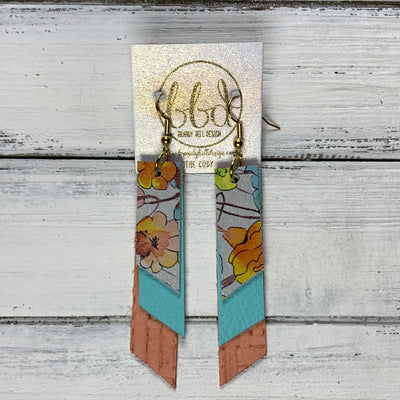 CODY - Leather Earrings  || <BR> ORANGE WATERCOLOR FLORAL, <BR> ROBINS EGG BLUE, <BR> SALMON PANAMA WEAVE