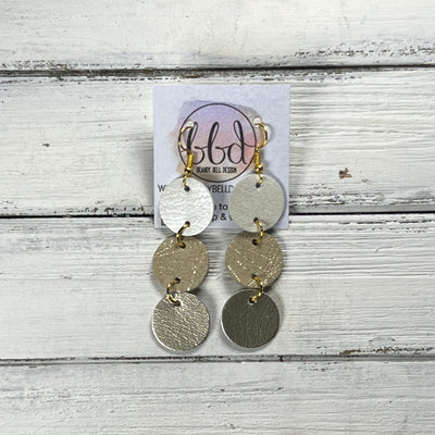 DAISY -  Leather Earrings  ||   <BR> PEARL WHITE, <BR> IVORY & METALLIC GOLD CHINESE FAN, <BR> METALLIC CHAMPAGNE SMOOTH