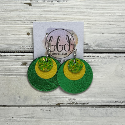 GRAY -  Leather Earrings  ||   <BR>SHAMROCK GLITTER (FAUX LEATHER), <BR>  MATTE YELLOW, <BR> METALLIC GREEN SMOOTH