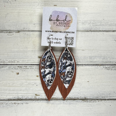 ALLIE -  Leather Earrings  ||   <BR> SKULLS WITH BUTTERFLIES (FAUX LEATHER), <BR> BROWN PALMS