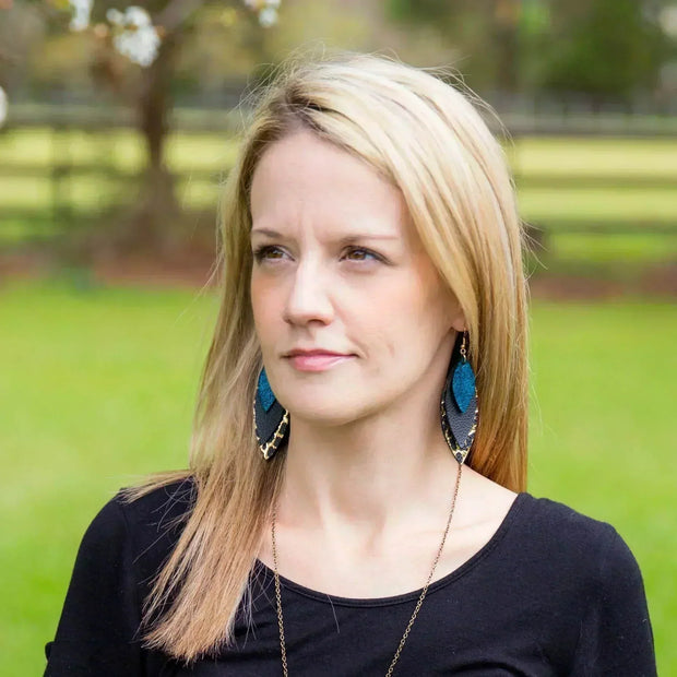 DOROTHY -  Leather Earrings  ||   <BR> TROPICAL FLORAL ON NAVY BLUE, <BR> AQUA PALMS, <BR> MATTE NAVY BLUE