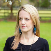 DOROTHY - Leather Earrings   ||  <BR>  COBALT BLUE BRAID, <BR> RAINBOW FIELD FLOWER,  <BR> RED PANAMA WEAVE