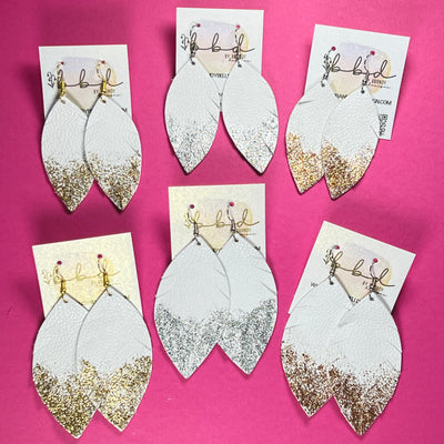 ✨ GLITTER  "DIPPED" MAISY (2 SIZES!) - Genuine Leather Earrings  || MATTE WHITE LEATHER  + CHOOSE YOUR GLITTER "DIPPED" FINISH