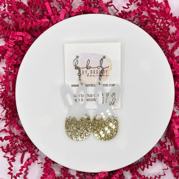 ACRYLIC EARRINGS || <BR> BUNNY + EGG (GOLD GLITTER)