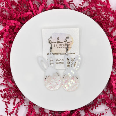 ACRYLIC EARRINGS || <BR> BUNNY + EGG (PINK & WHITE GLITTER)