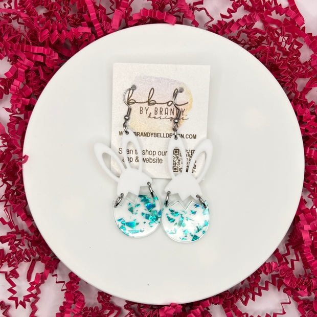 ACRYLIC EARRINGS || <BR> BUNNY + EGG (AQUA GLITTER)