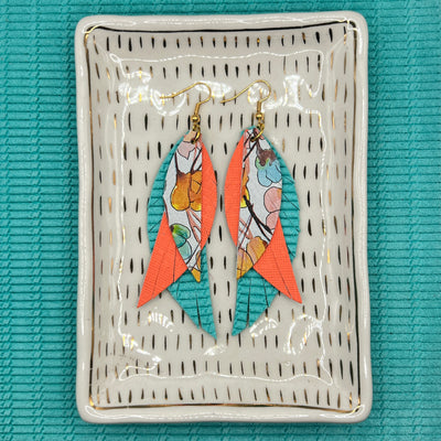 ANDY - Leather Earrings  ||  <BR>  ORANGE WATERCOLOR FLORAL, <BR> NEON ORANGE SAFFIANO,  <BR> AQUA KNOT WEAVE