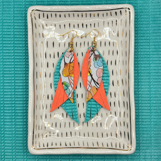 ANDY - Leather Earrings  ||  <BR>  ORANGE WATERCOLOR FLORAL, <BR> NEON ORANGE SAFFIANO,  <BR> AQUA KNOT WEAVE