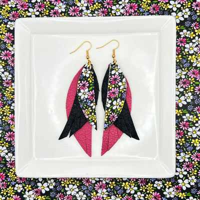 ANDY - Leather Earrings  ||  <BR>  PURPLE & PINK MINI FLORAL, <BR> SHIMMER BLACK,  <BR> MATTE PINK