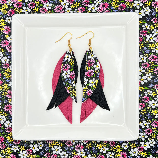 ANDY - Leather Earrings  ||  <BR>  PURPLE & PINK MINI FLORAL, <BR> SHIMMER BLACK,  <BR> MATTE PINK