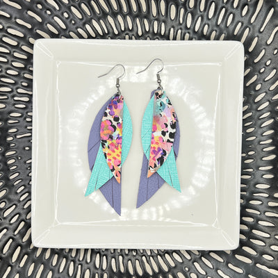 ANDY - Leather Earrings  ||  <BR>  PURPLE FLORAL CHEETAH, <BR> AQUA SAFFIANO,  <BR> MATTE LAVENDER