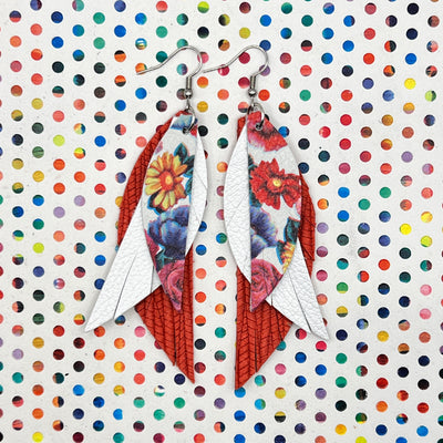 ANDY - Leather Earrings  ||  <BR>  TUTTI FRUITTI FLORAL, <BR> MATTE WHITE,  <BR> RED PALMS