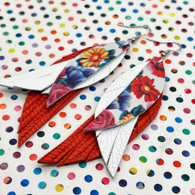 ANDY - Leather Earrings  ||  <BR>  TUTTI FRUITTI FLORAL, <BR> MATTE WHITE,  <BR> RED PALMS